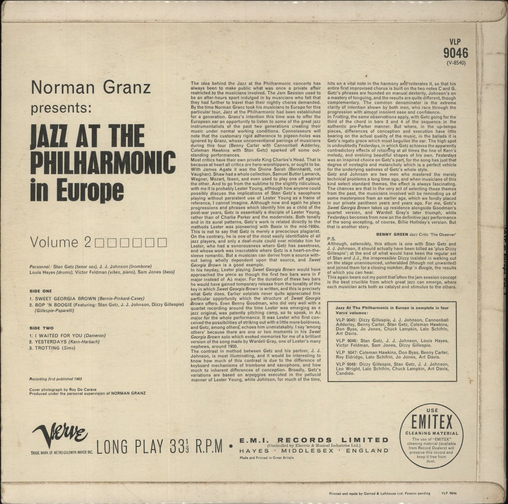Stan Getz Jazz At The Philharmonic In Europe Vol. 2 UK vinyl LP album (LP record)