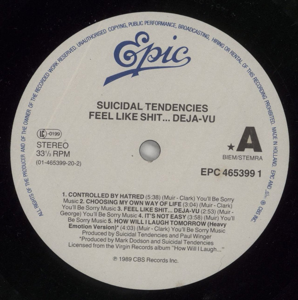 Suicidal Tendencies Controlled By Hatred/ Feel Like Sh*t... Deja-Vu Dutch vinyl LP album (LP record) SUILPCO445067