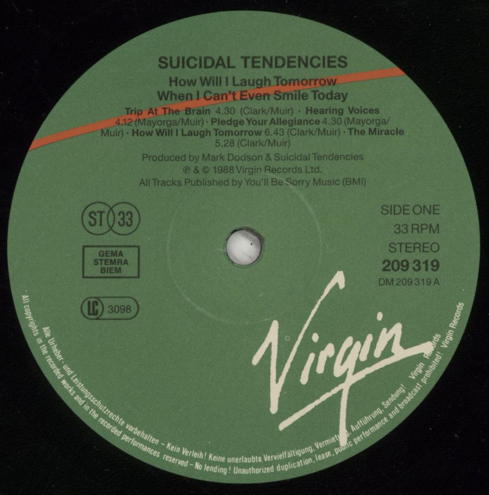 Suicidal Tendencies How Will I Laugh Tomorrow When I Can't Even Smile Today - EX German vinyl LP album (LP record) SUILPHO866270