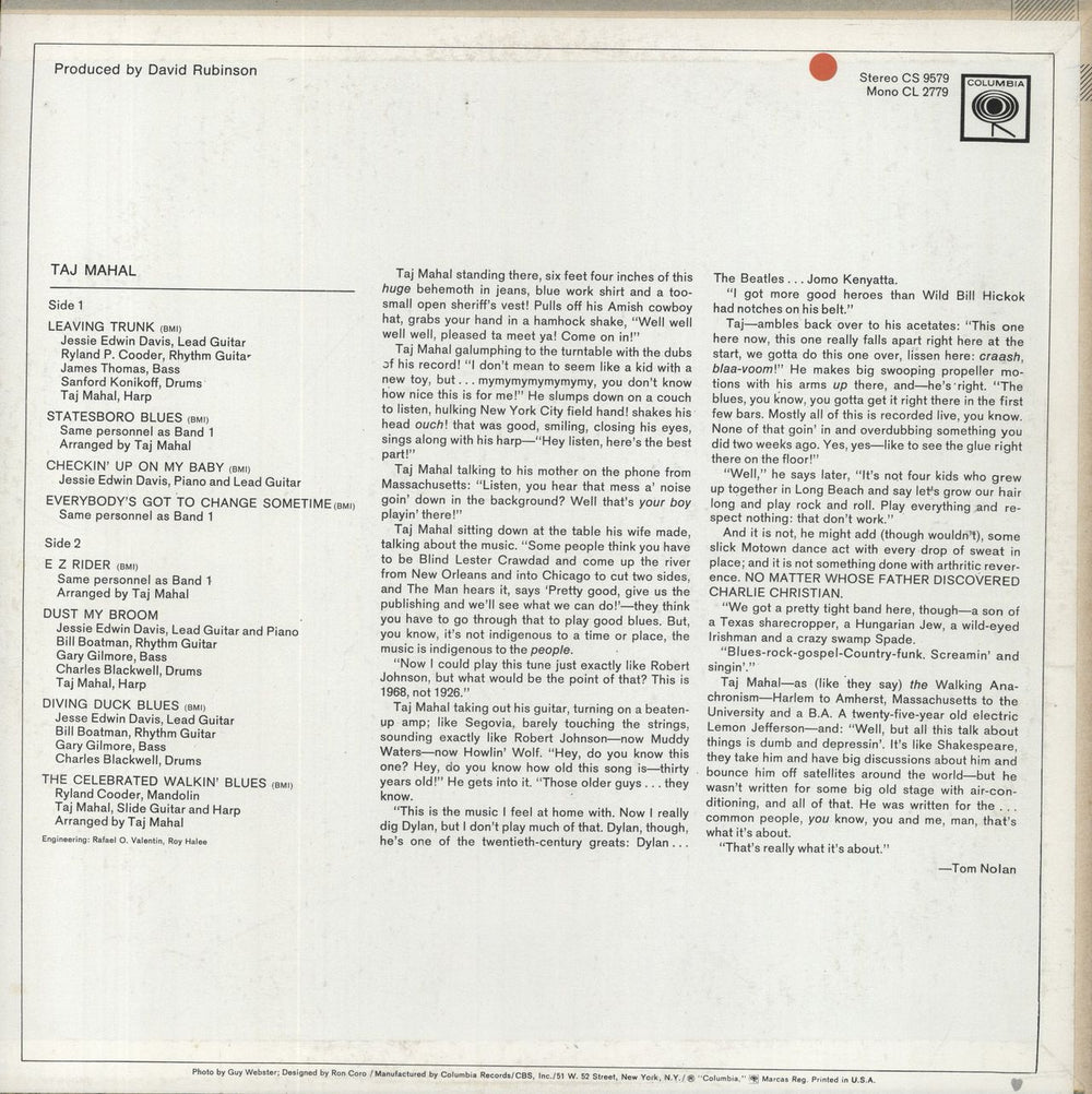 Taj Mahal Taj Mahal US vinyl LP album (LP record)