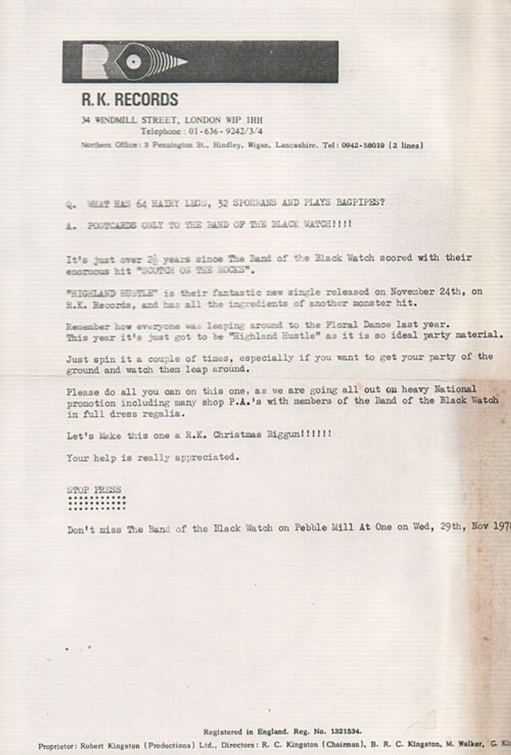 The Band Of The Black Watch Highland Hustle + Press Release UK Promo 7" vinyl single (7 inch record / 45) 0BW07HI636736