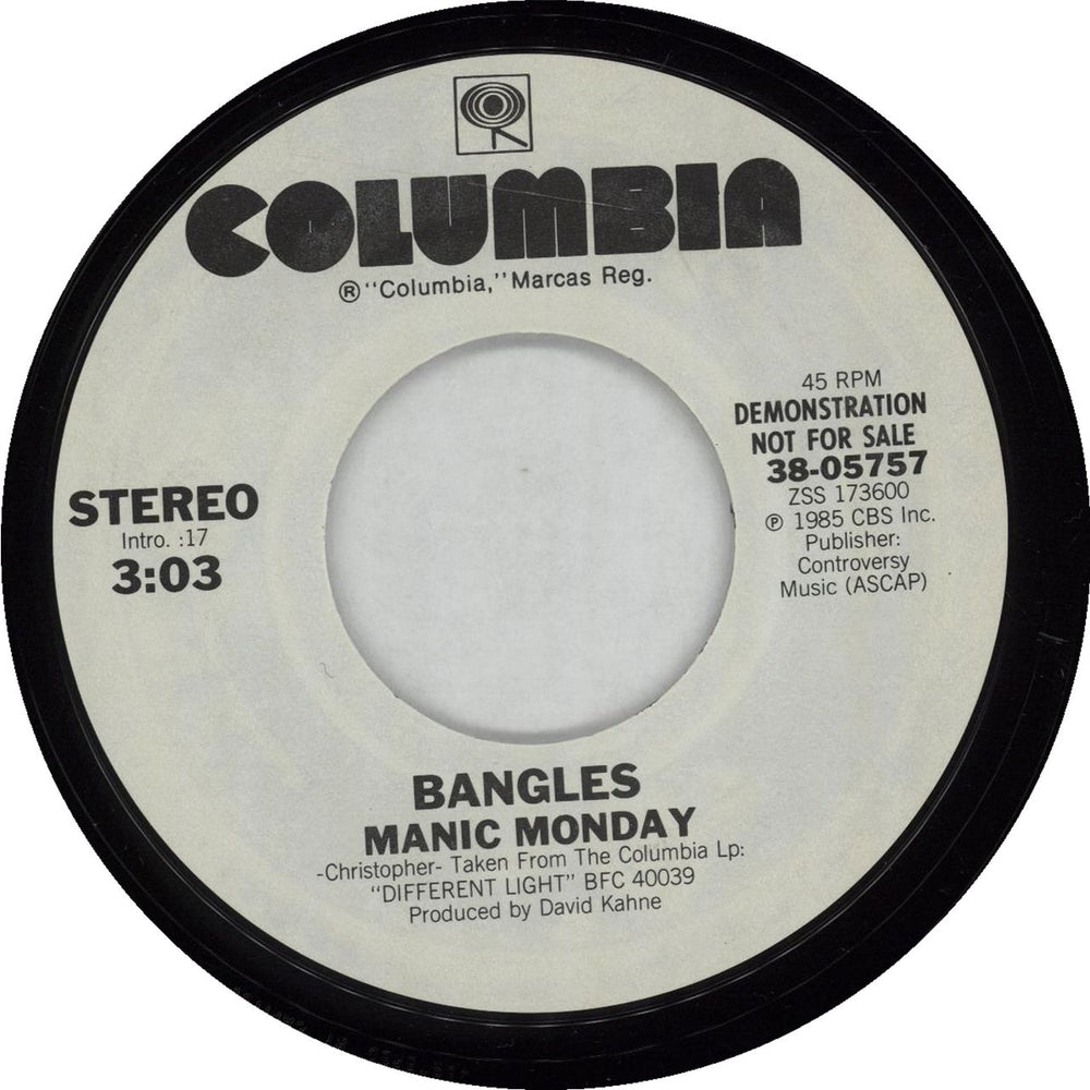 The Bangles Manic Monday US Promo 7" vinyl single (7 inch record / 45)