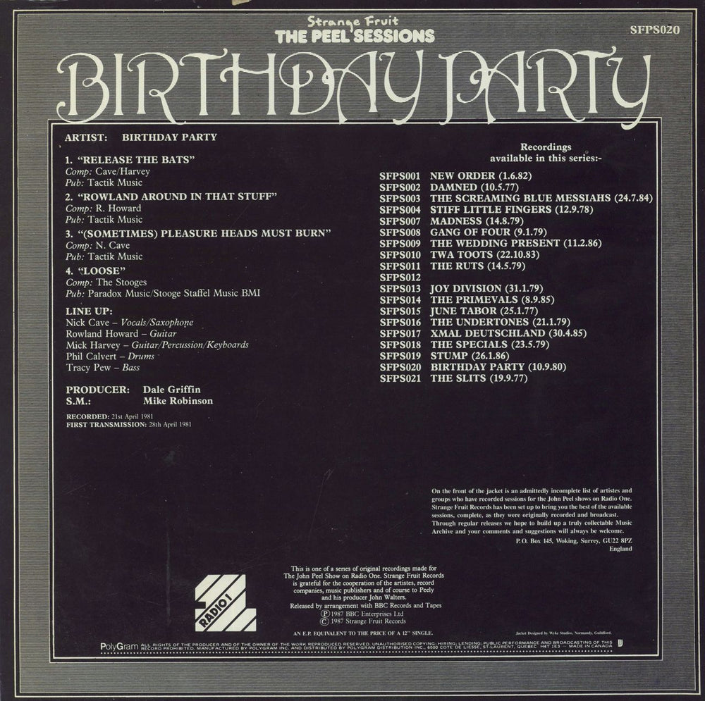 The Birthday Party The Peel Sessions UK 12" vinyl single (12 inch record / Maxi-single) 5016553205866