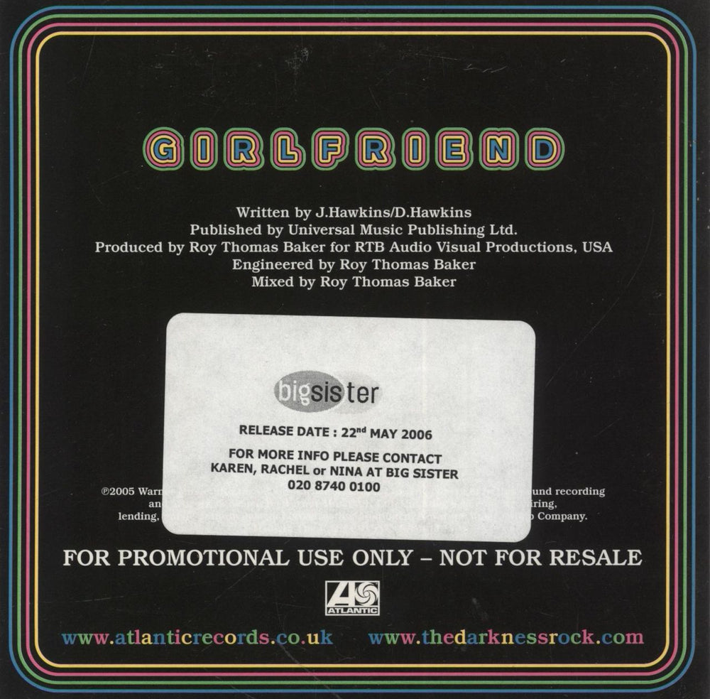 The Darkness Girlfriend UK Promo CD single (CD5 / 5")