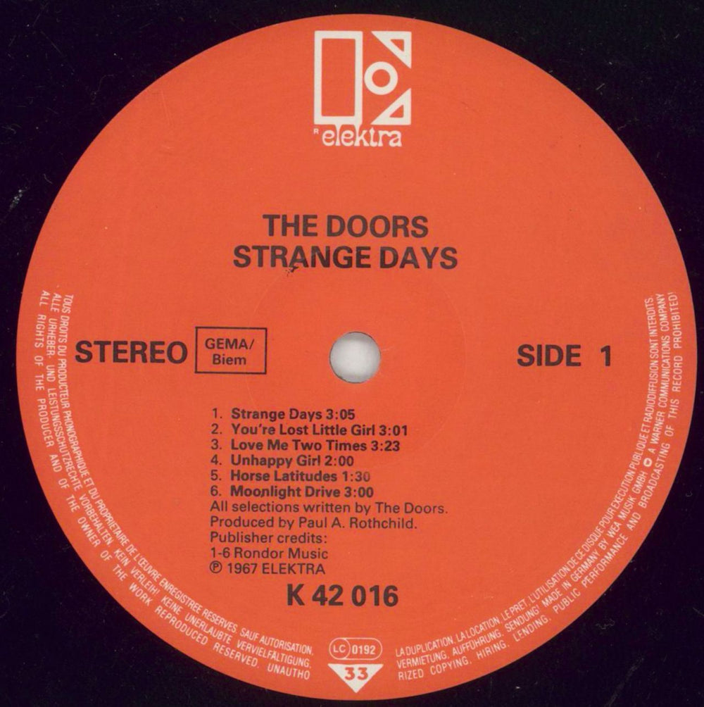 The Doors Strange Days - Red Label German vinyl LP album (LP record) DORLPST867055