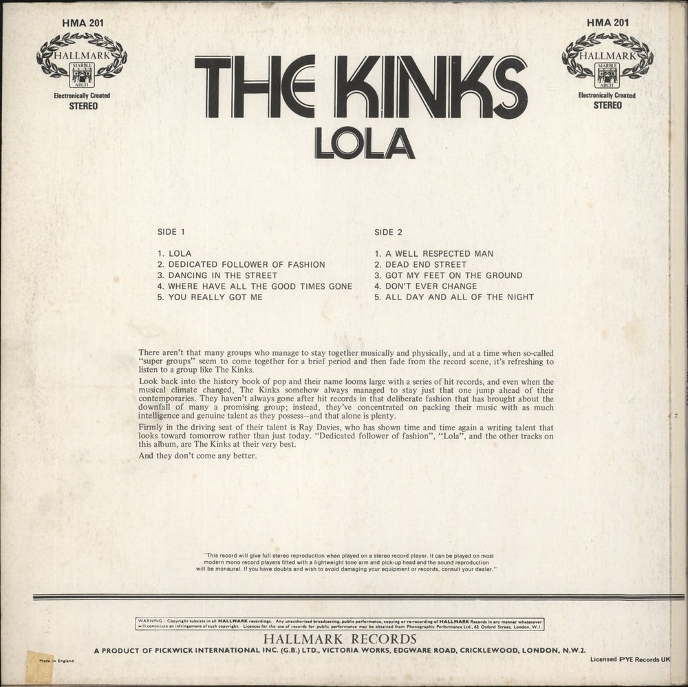 The Kinks Lola UK vinyl LP album (LP record)