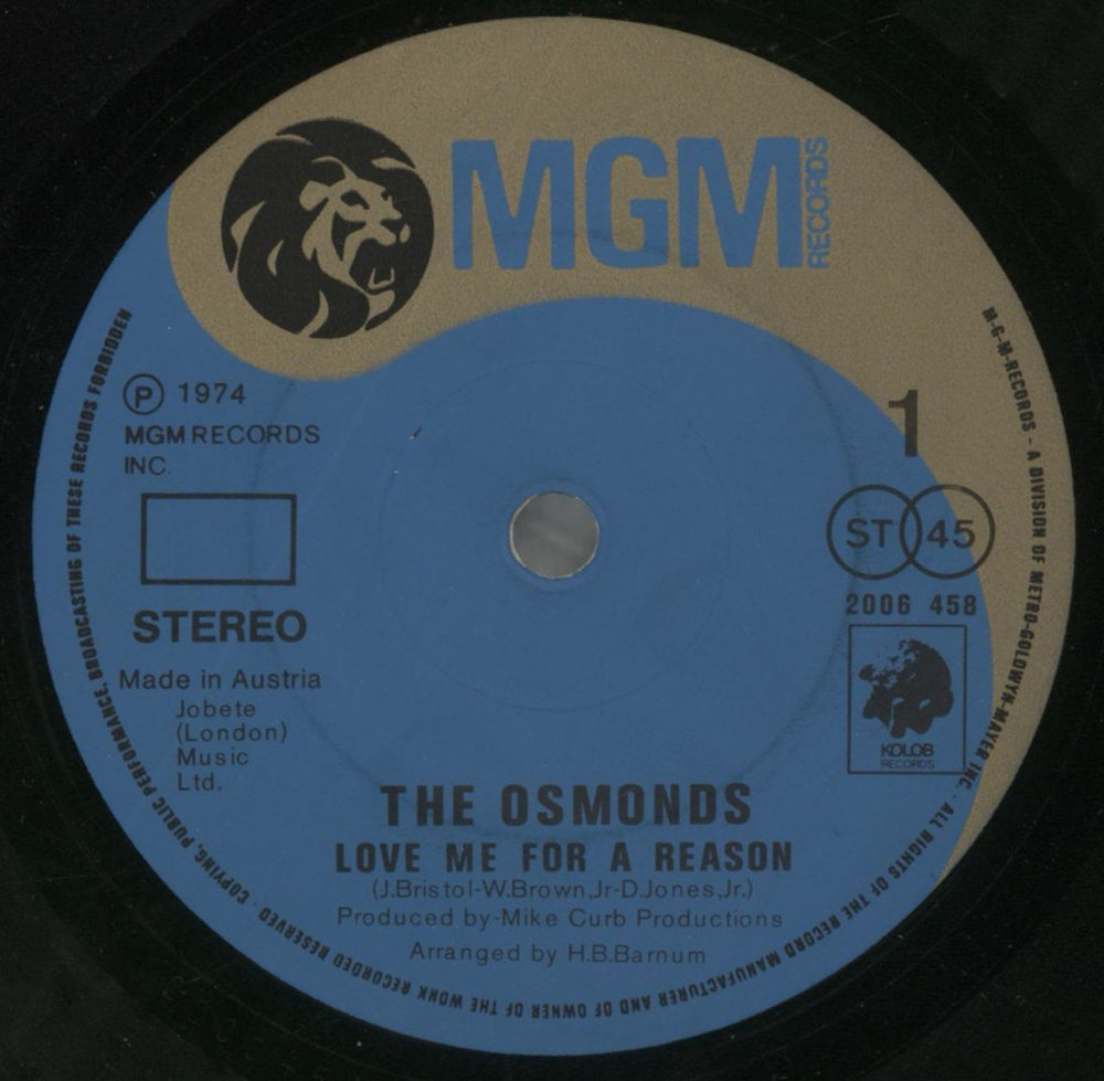 The Osmonds Love Me For A Reason Austrian 7" vinyl single (7 inch record / 45) 2006458