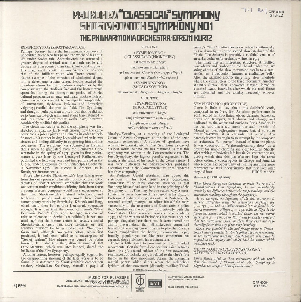 The Philharmonia Orchestra Prokofiev: 'Classical' Symphony / Shostakovitch: Symphony No. 1 UK vinyl LP album (LP record)