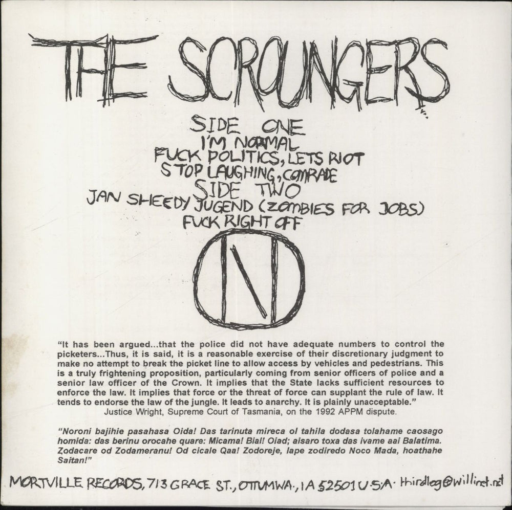 The Scroungers Weak As Piss US 7" vinyl single (7 inch record / 45)