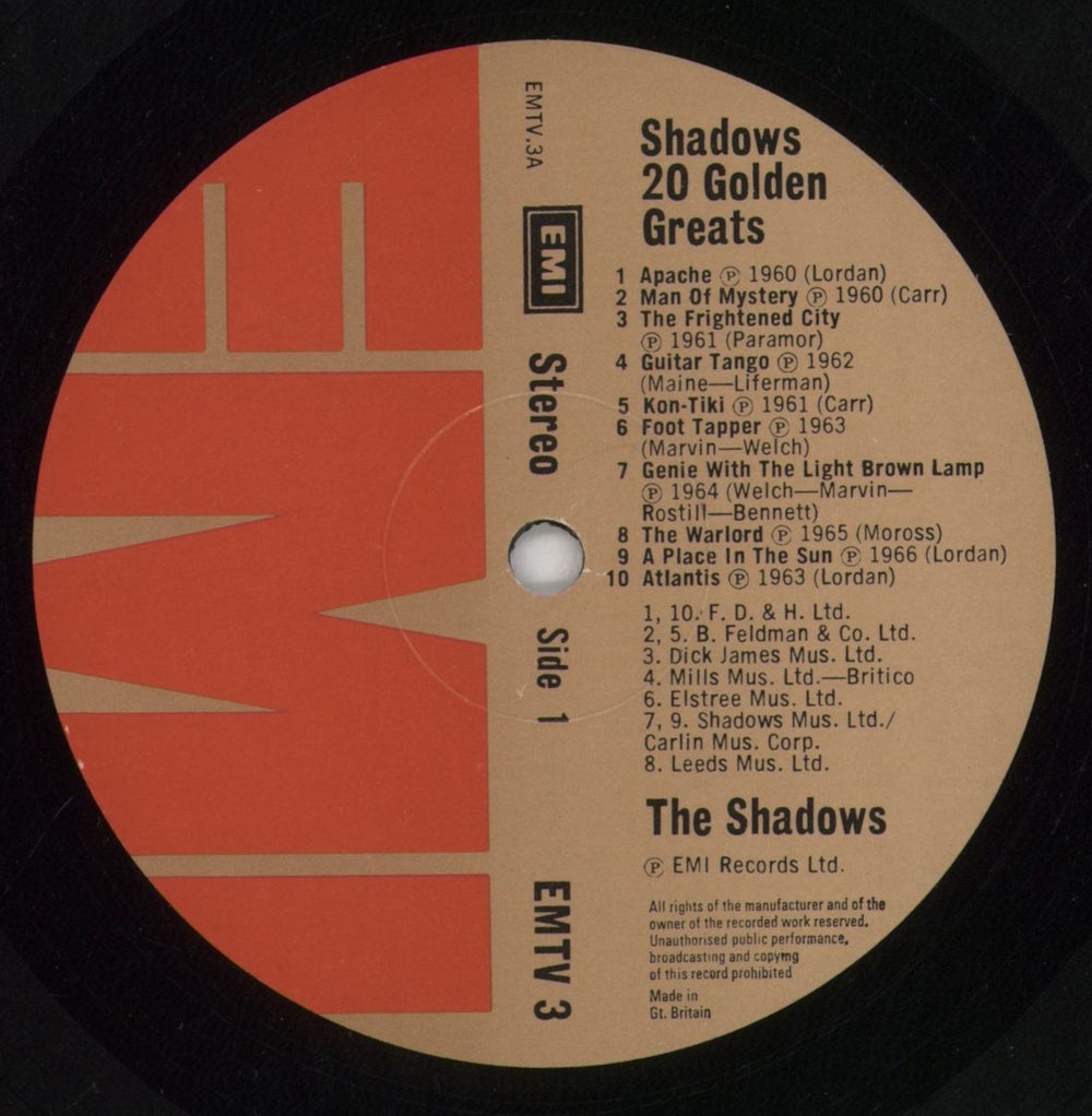 The Shadows 20 Golden Greats - glossy p/s + inner UK vinyl LP album (LP record) SHDLPGO849232