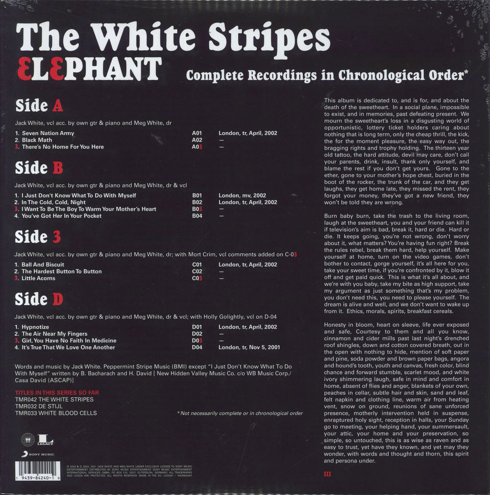 The White Stripes Elephant [2021 Issue] - Sealed UK 2-LP vinyl record set (Double LP Album) 194398424019