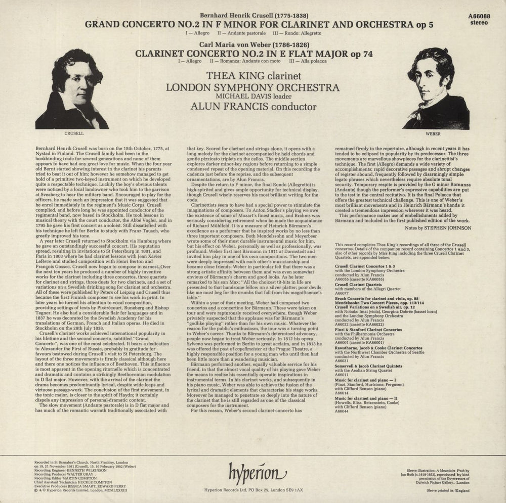 Thea King Crusell: Clarinet Concerto No. 2 in F Minor, Op.5 / Weber: Clarinet Concerto No. 2 in E Flat, Op.74 UK vinyl LP album (LP record)