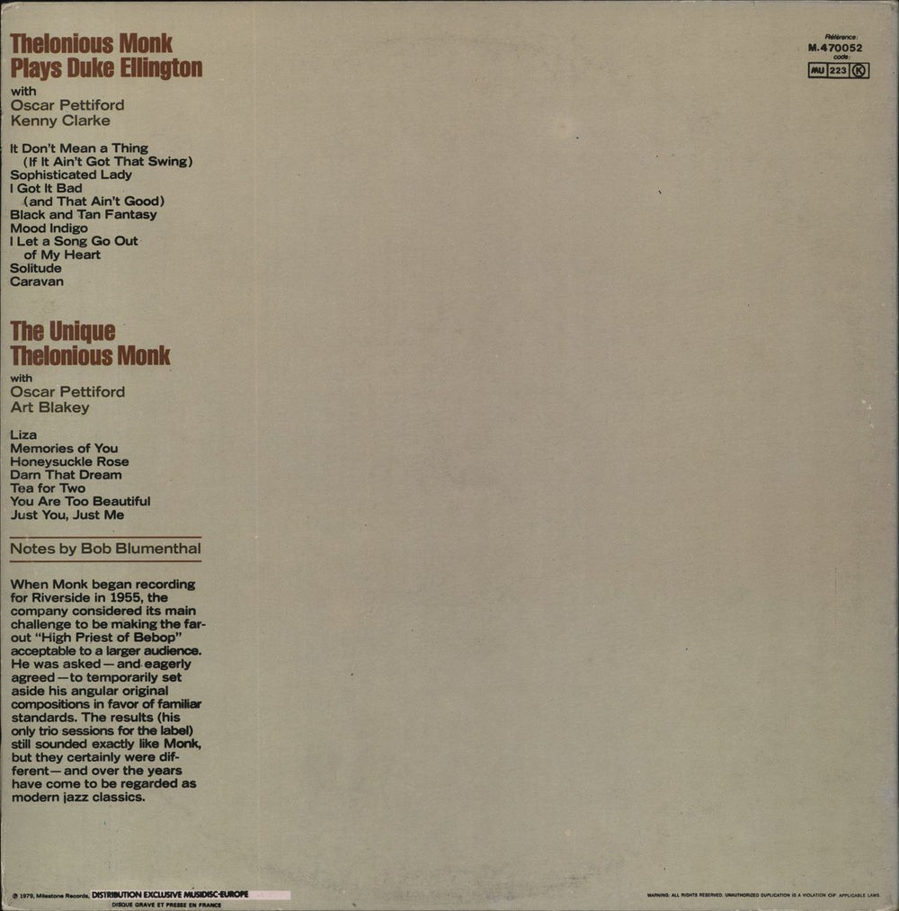 Thelonious Monk The Riverside Trios French 2-LP vinyl record set (Double LP Album)