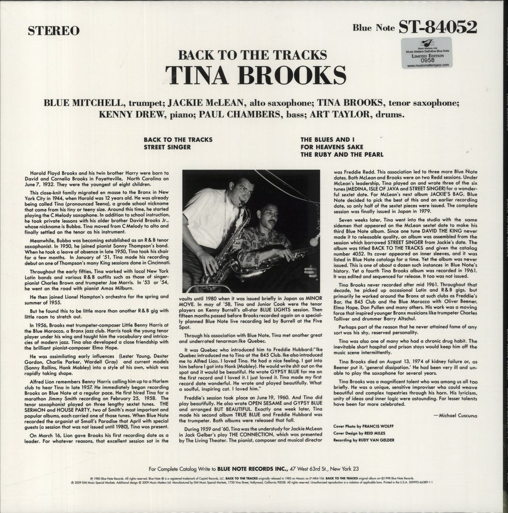 Tina Brooks Back To The Tracks - 45RPM 180 Gram + Numbered US 2-LP vinyl record set (Double LP Album)