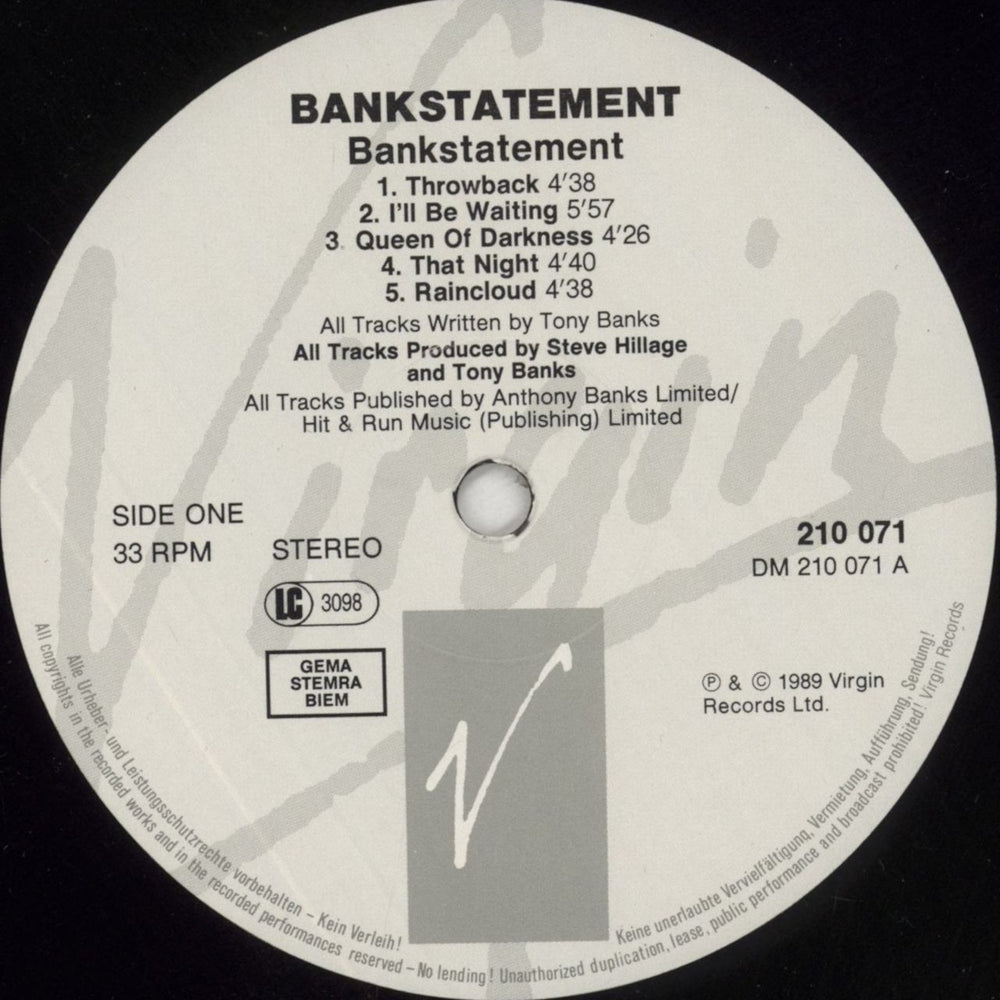 Tony Banks Bankstatement German vinyl LP album (LP record) BNKLPBA853458