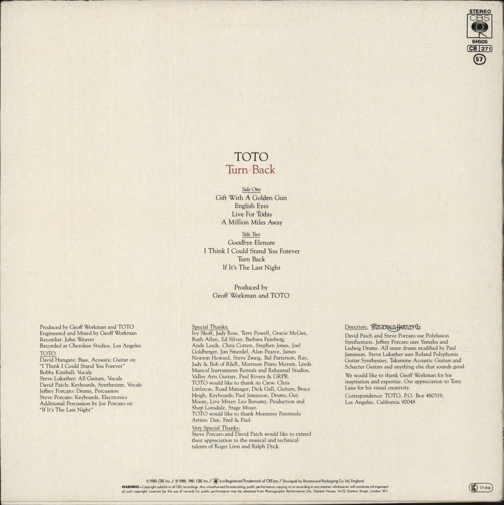 Toto Turn Back UK vinyl LP album (LP record)