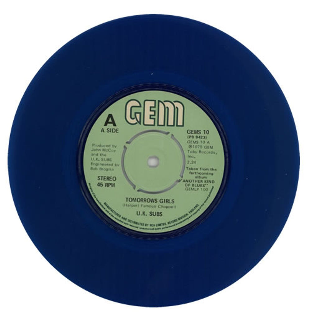 U.K. Subs Tomorrows Girls - Blue Vinyl UK 7" vinyl single (7 inch record / 45) UKS07TO86801