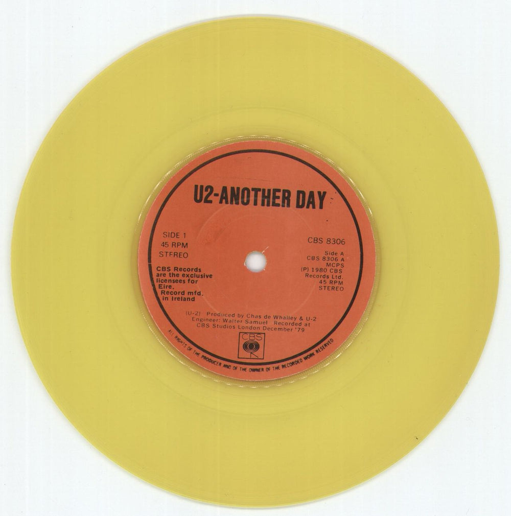 U2 Another Day - Yellow Vinyl - Large Thumb Cut Irish 7" vinyl single (7 inch record / 45) U-207AN865427
