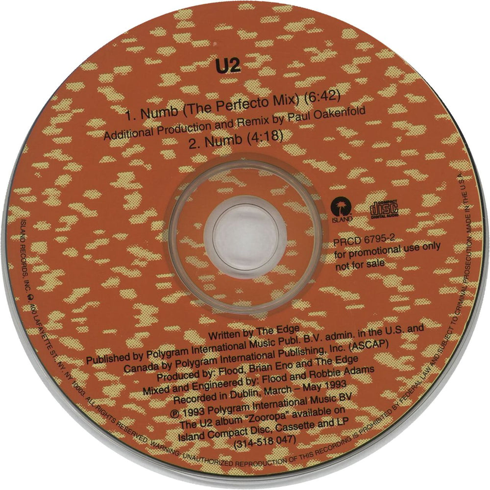 U2 Numb - Perfecto Mix US Promo CD single (CD5 / 5") PRCD6795-2