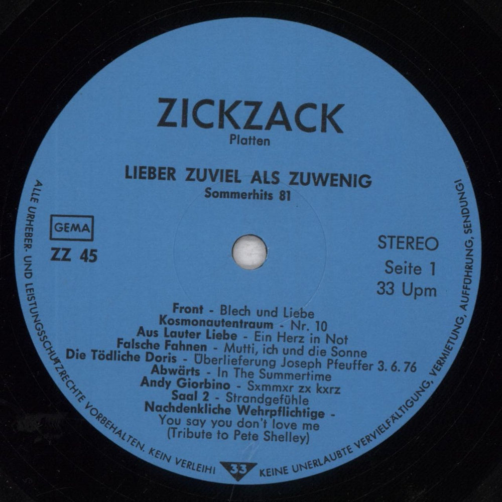 Various-Punk & New Wave Lieber Zuviel Als Zuwenig (ZickZack Sommerhits 81) German vinyl LP album (LP record) PVALPLI839637