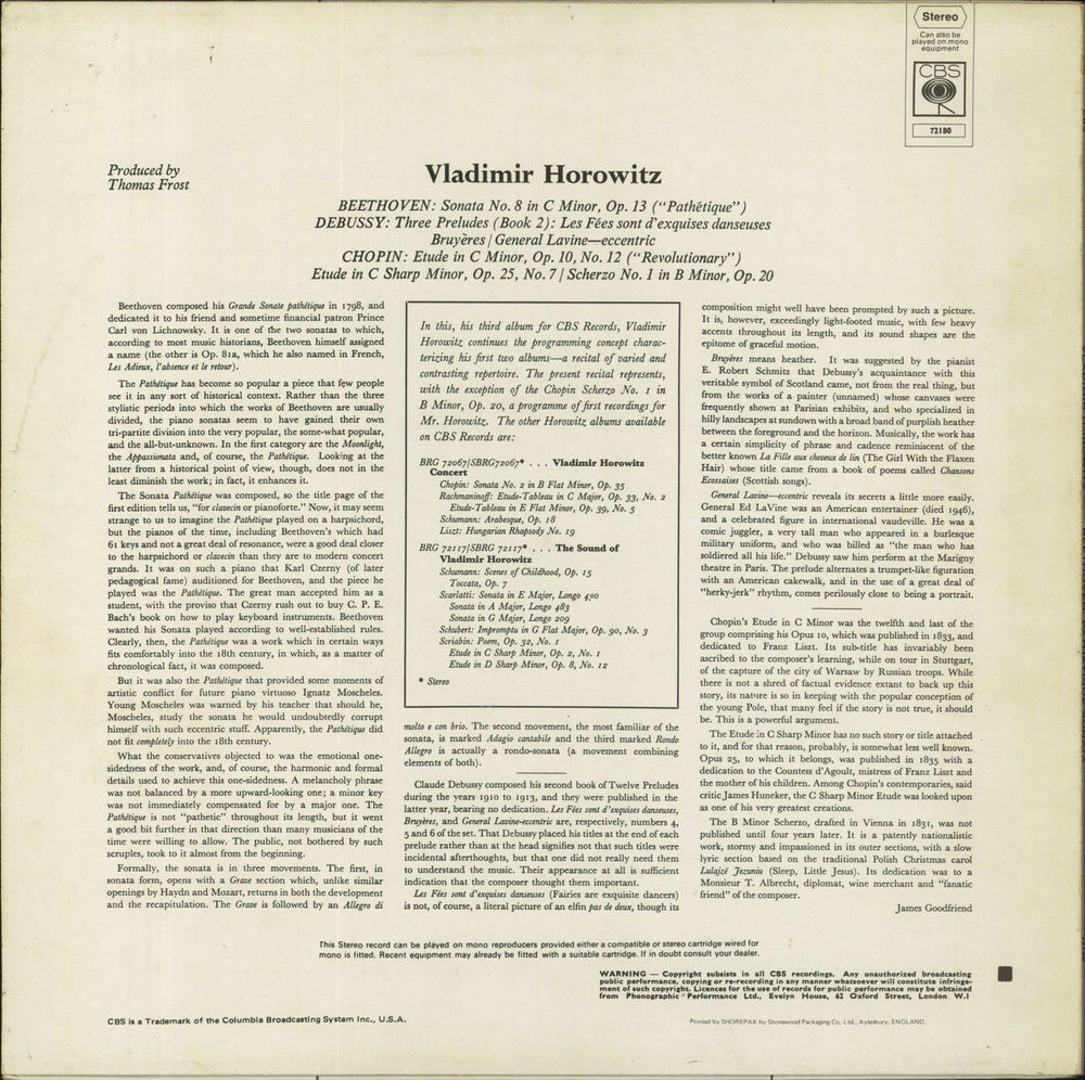 Vladimir Horowitz In His First Recordings Of: Beethoven: "Pathétique" Sonata; Debussy: Three Preludes; Chopin: Two Etu UK vinyl LP album (LP record)