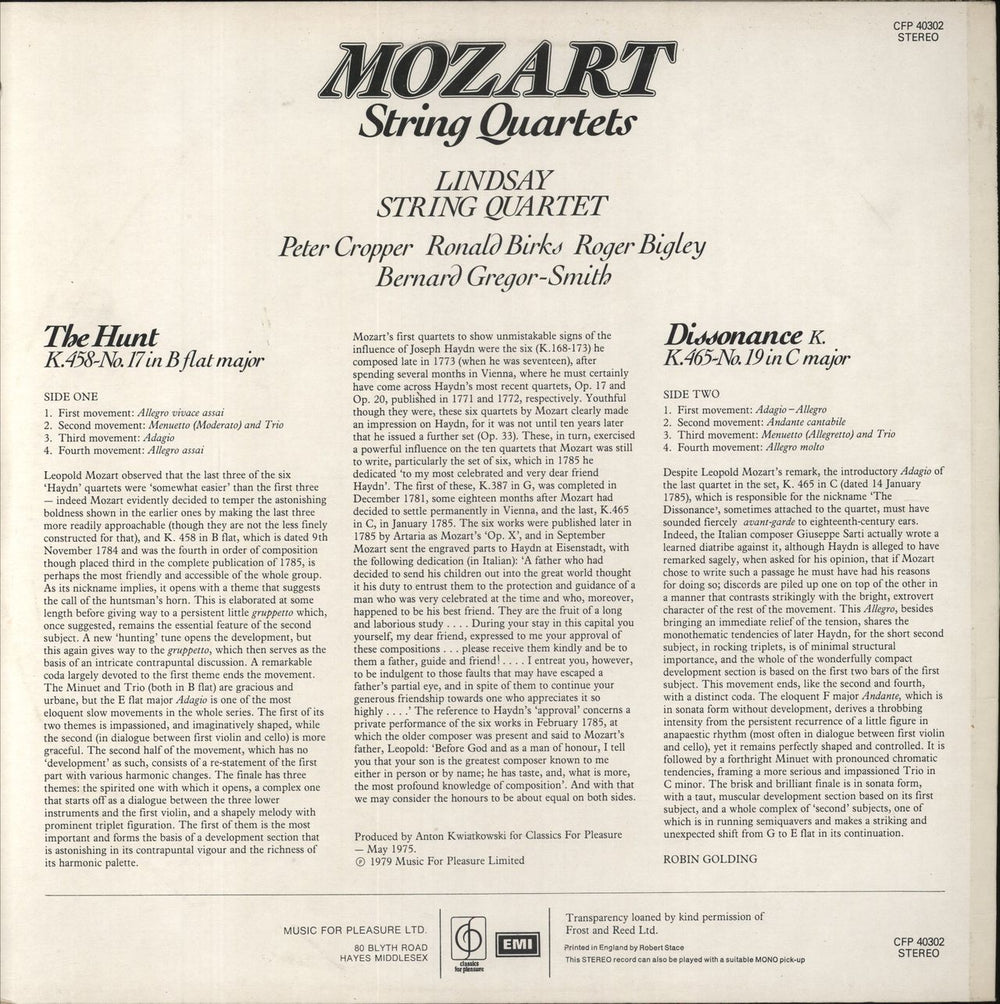Wolfgang Amadeus Mozart String Quartets: The Hunt K.458-No. 17 In B Flat Major / Dissonance K.465-No. 19 In C UK vinyl LP album (LP record)