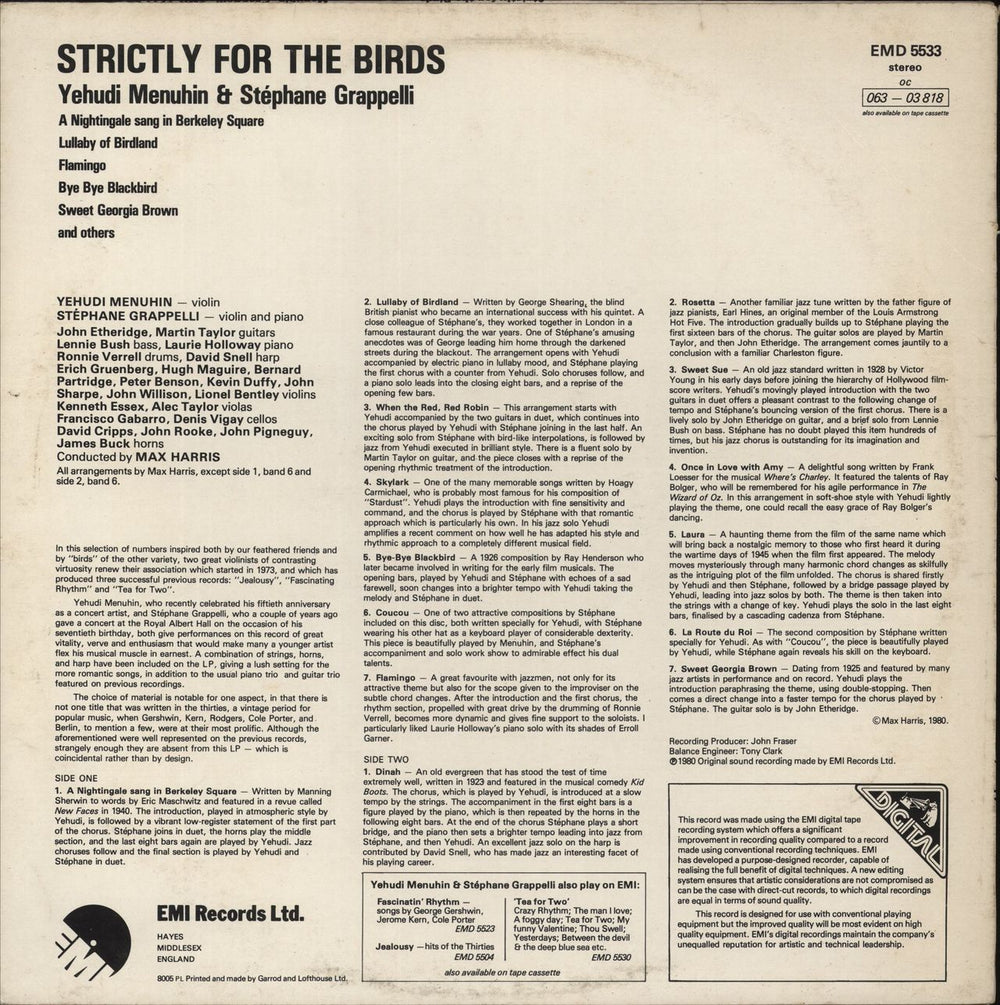 Yehudi Menuhin & Stéphane Grappelli Strictly For The Birds UK vinyl LP album (LP record)