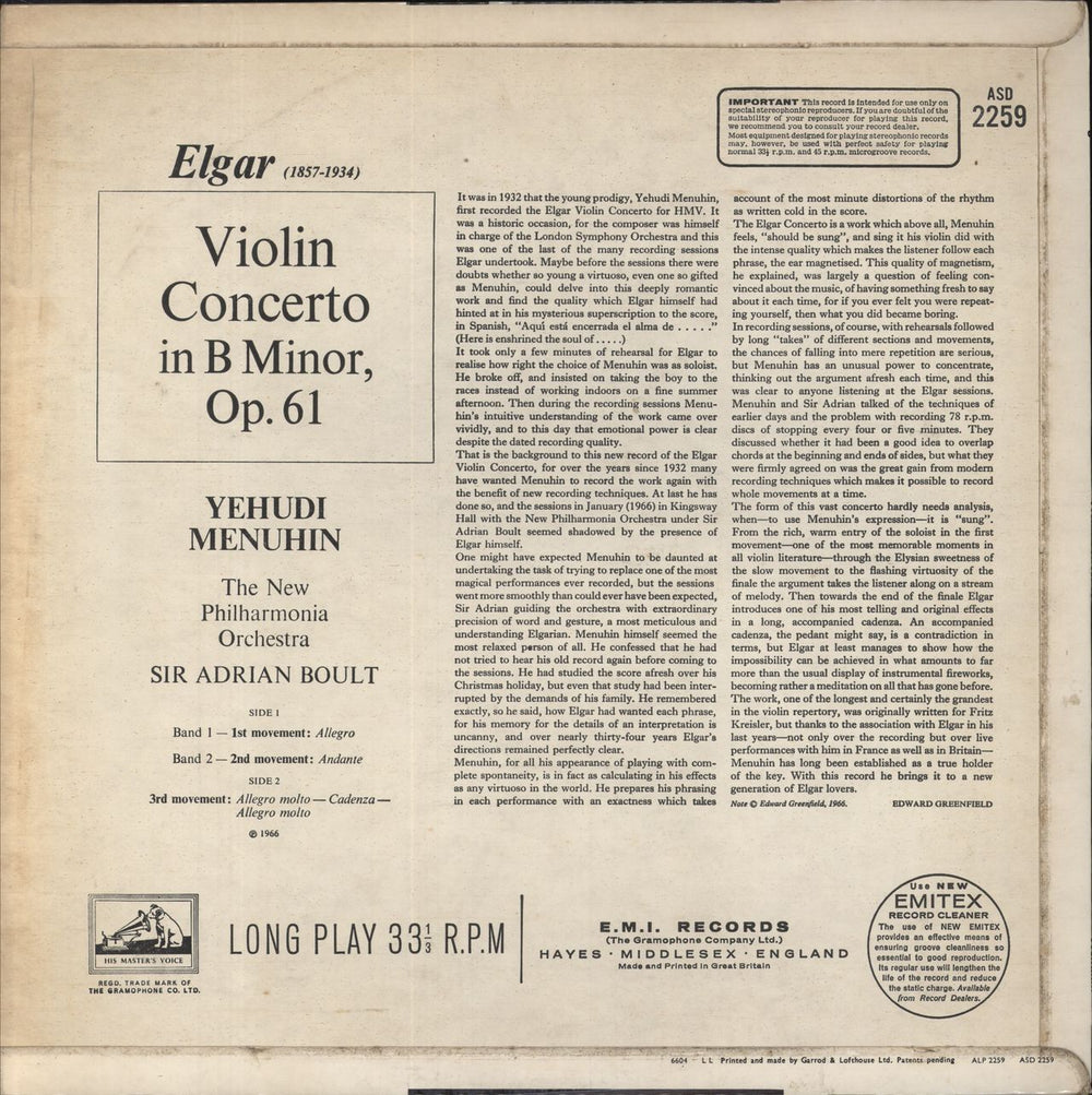 Yehudi Menuhin Elgar: Violin Concerto in B minor, Op. 61 - 2nd UK vinyl LP album (LP record)