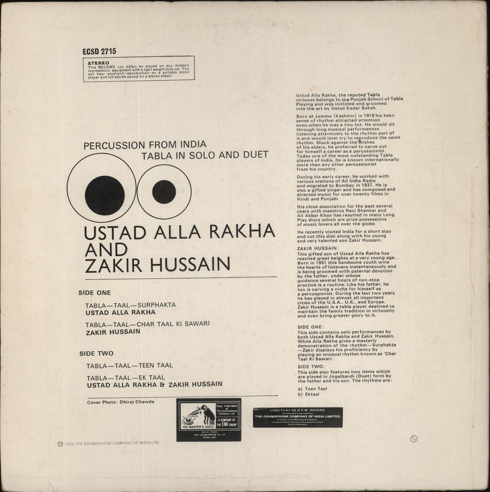 Zakir Hussain Percussion From India, Tabla In Solo And Duet Indian vinyl LP album (LP record)