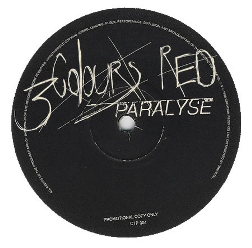 3 Colours Red Paralyse UK Promo 12" vinyl single (12 inch record / Maxi-single) CTP304