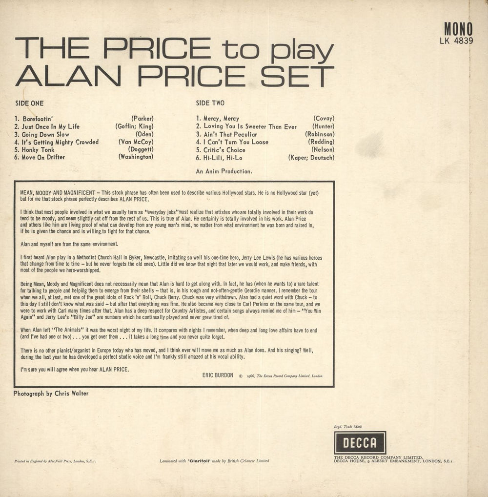 Alan Price The Price To Pay - VG UK vinyl LP album (LP record)