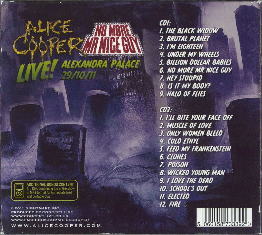 Alice Cooper No More Mr. Nice Guy Live! - Alexandra Palace 29/10/11 UK 3-CD album set (Triple CD) 5060158733392