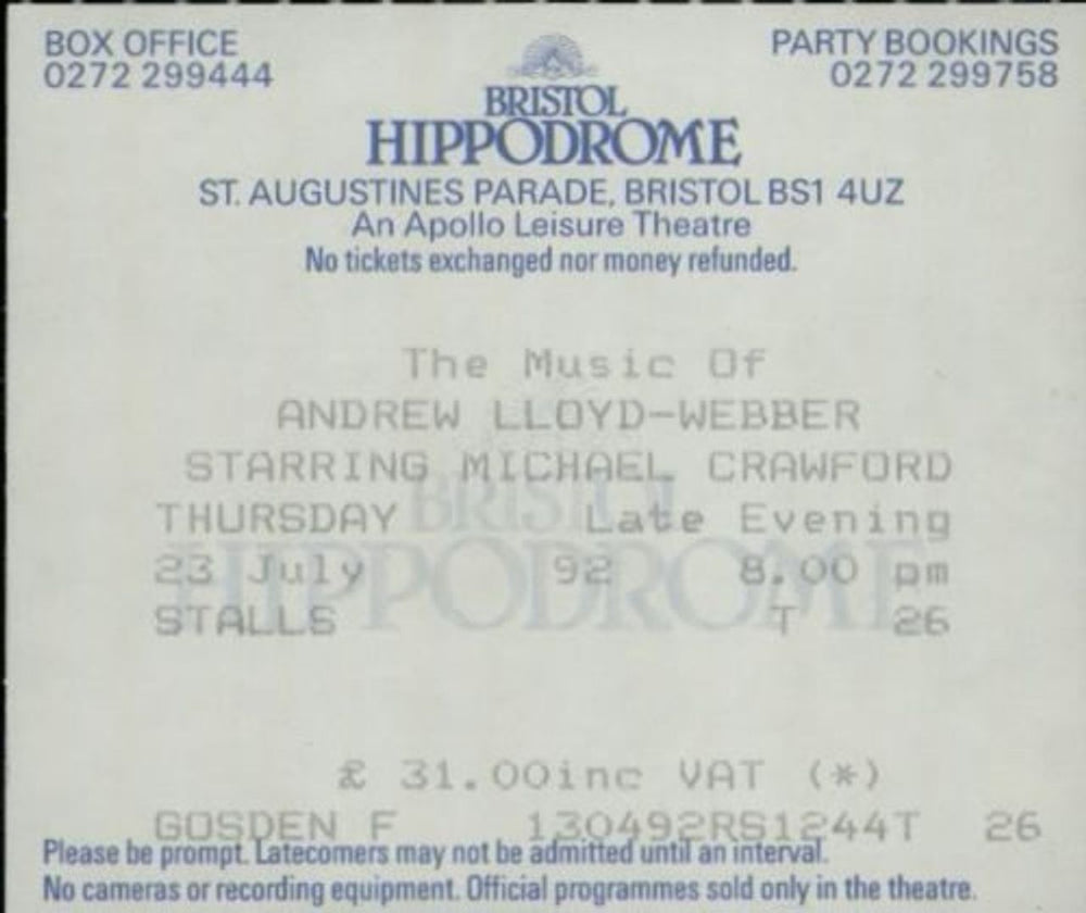 Andrew Lloyd Webber The Music Of Andrew Lloyd Webber 1992 Tour + Ticket Stub UK tour programme ALWTRTH586988