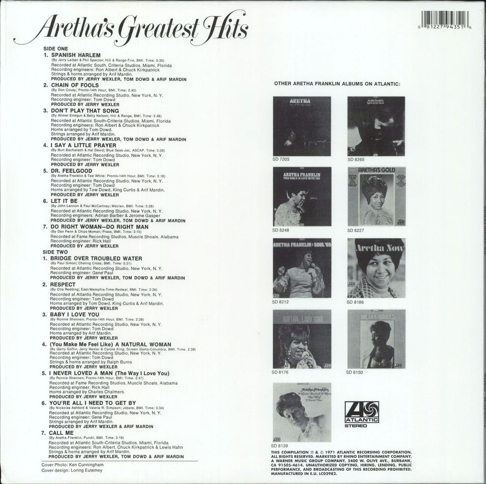 Aretha Franklin Aretha's Greatest Hits - 180gram Vinyl + Shrink UK vinyl LP album (LP record) 081227943516