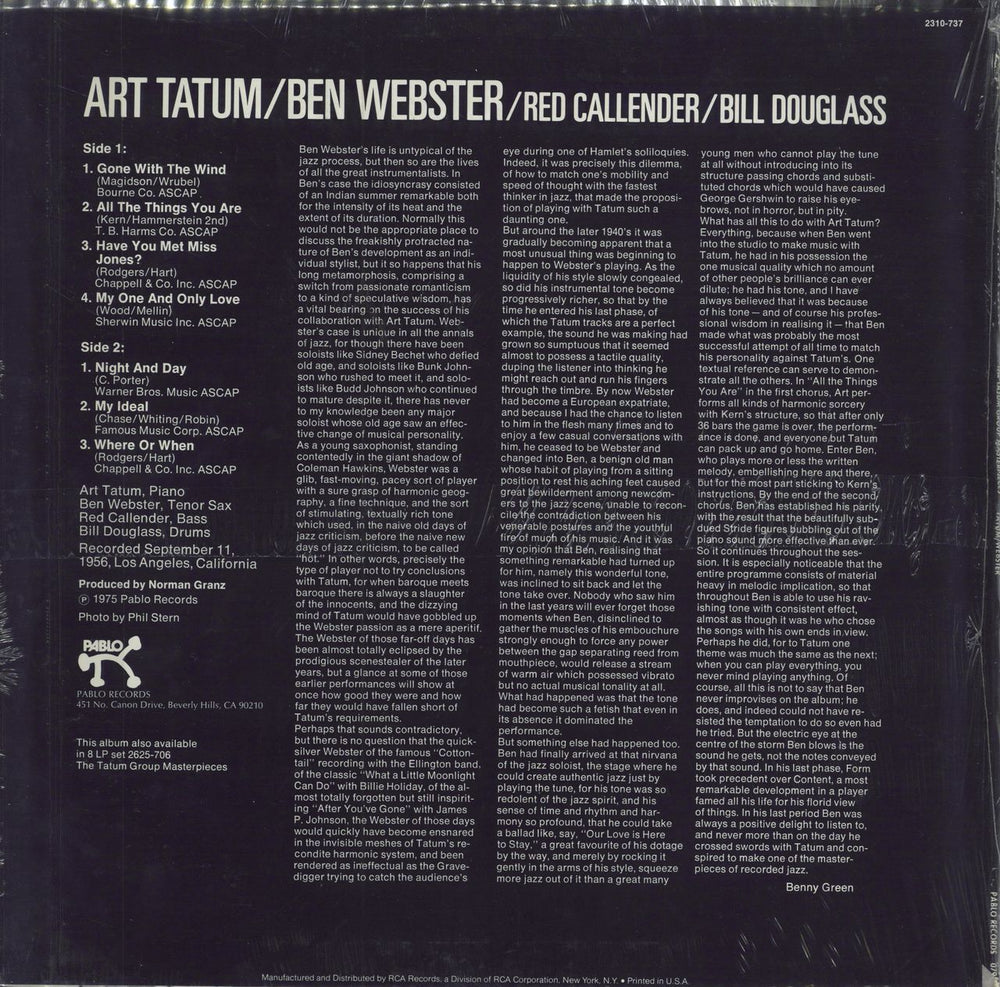 Art Tatum Tatum / Webster - Sealed US vinyl LP album (LP record)