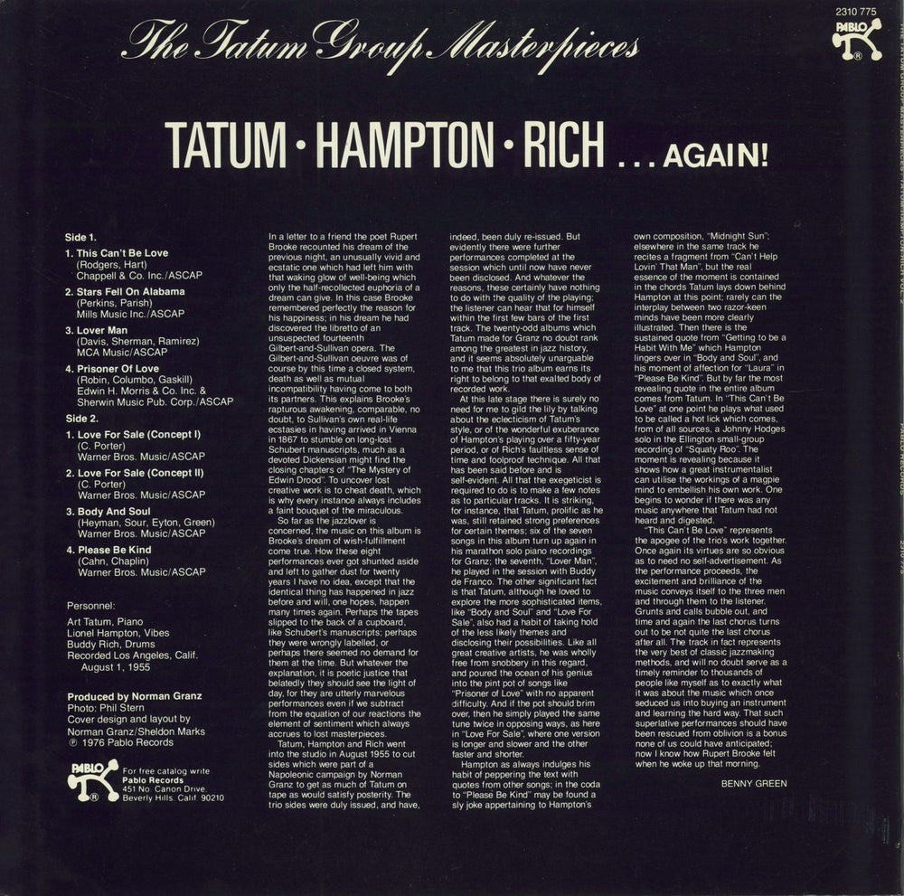 Art Tatum The Tatum Group Masterpieces - Hampton, Rich... Again! US vinyl LP album (LP record)