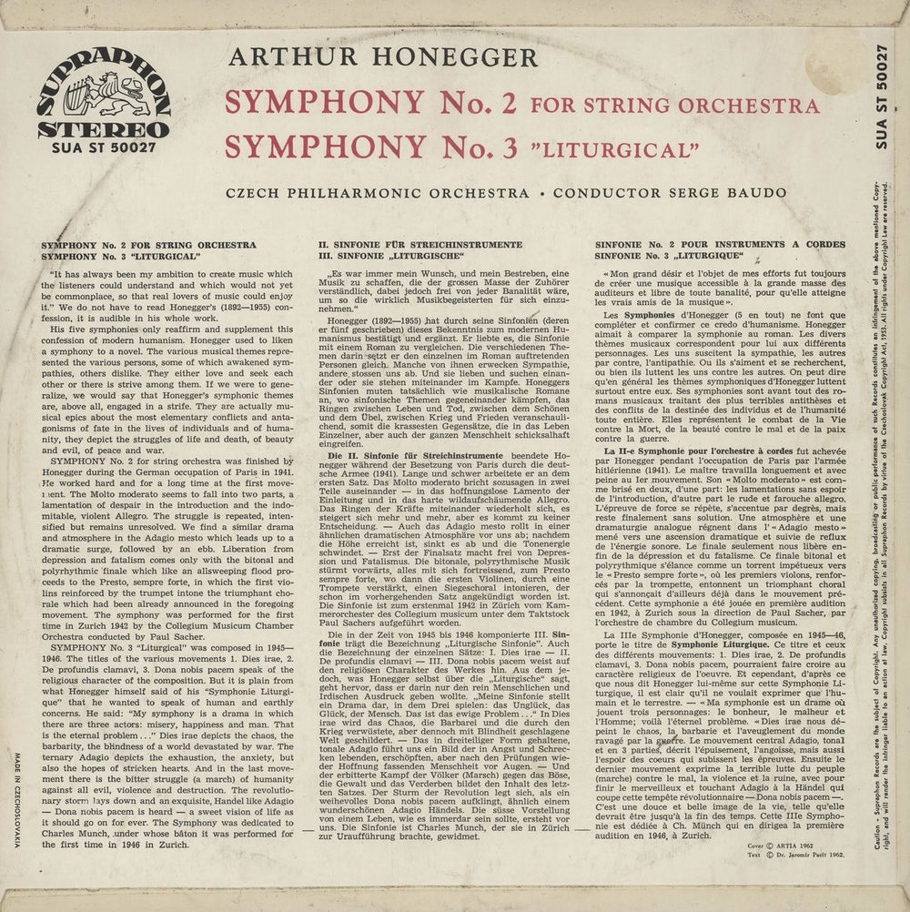 Arthur Honegger Symphonies No. 2 And No. 3 Czech vinyl LP album (LP record)