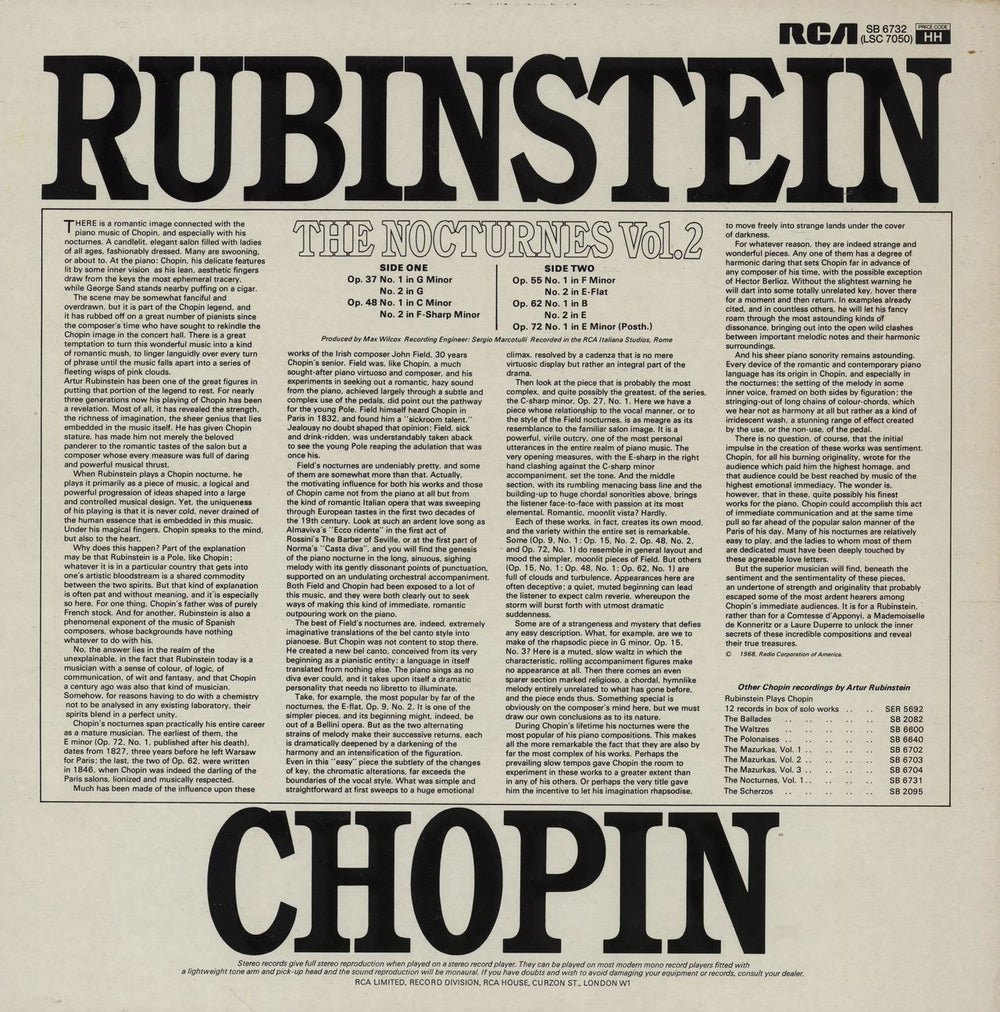 Artur Rubinstein Chopin: The Nocturnes Vol. 2 UK vinyl LP album (LP record)