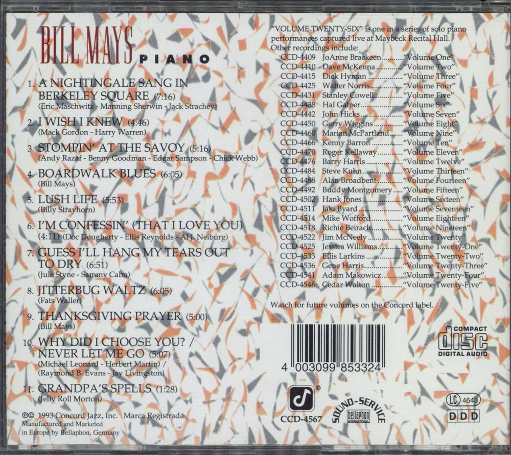 Bill Mays At Maybeck US CD album (CDLP) 4003099853324