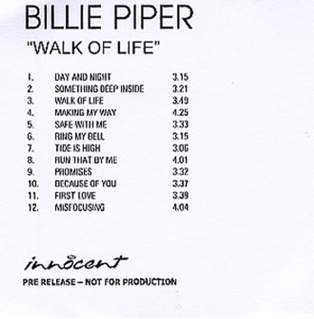 Billie Piper Walk Of Life UK Promo CD-R acetate CD ACETATE