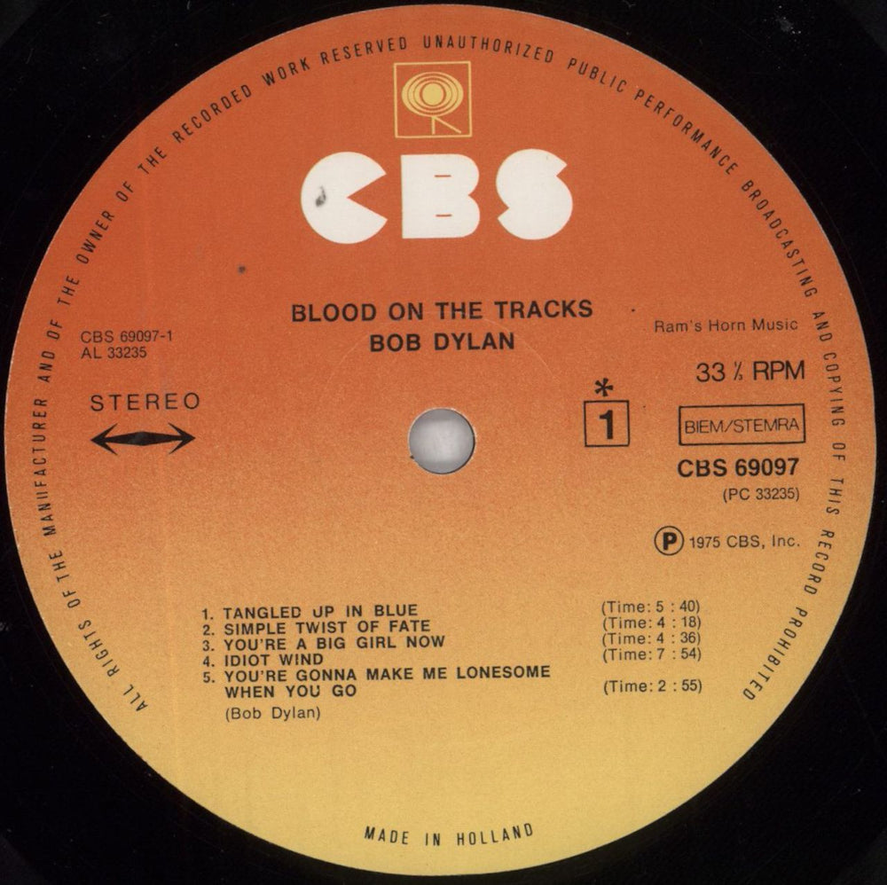 Bob Dylan Blood On The Tracks Dutch vinyl LP album (LP record) DYLLPBL828684