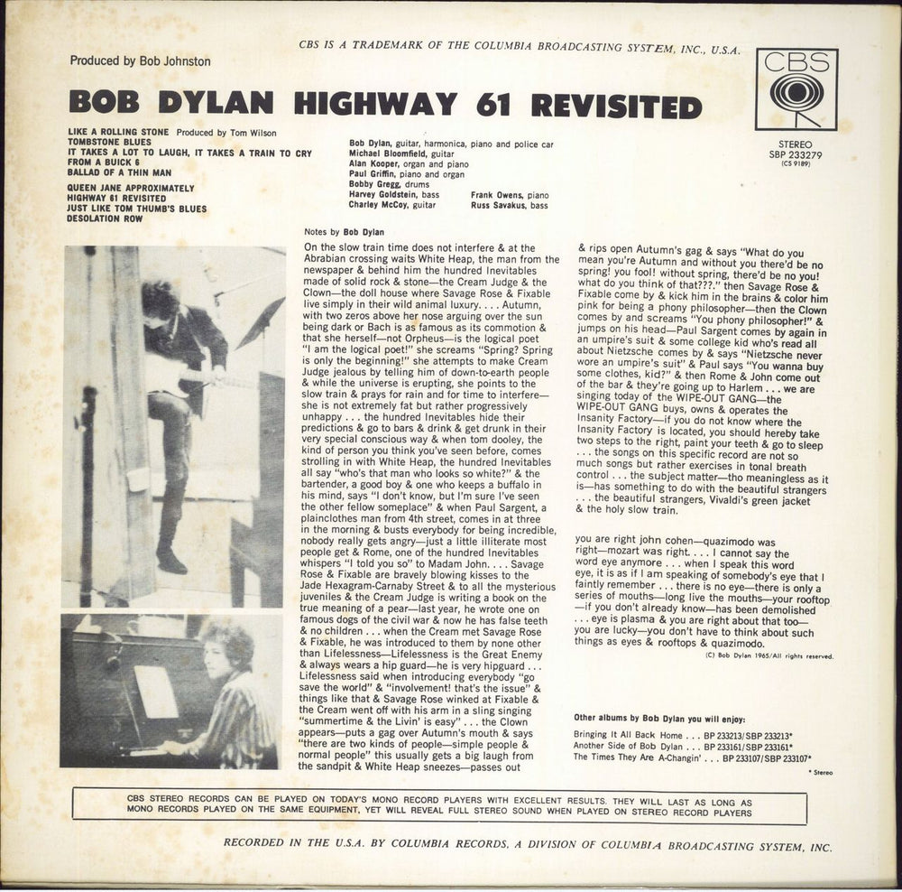 Bob Dylan Highway 61 Revisited Australian vinyl LP album (LP record)