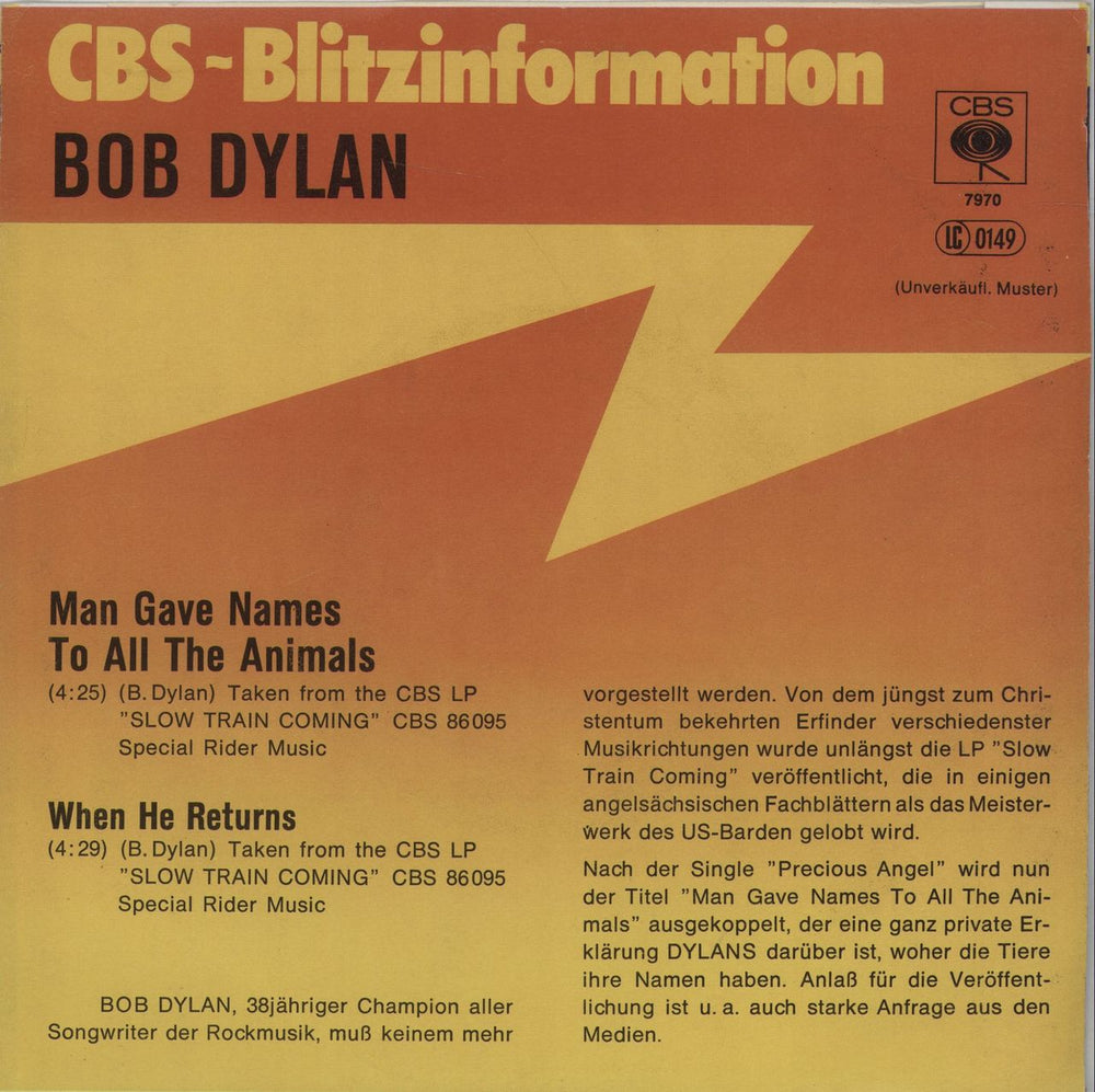 Bob Dylan Man Gave Names To All The Animals German Promo 7" vinyl single (7 inch record / 45)