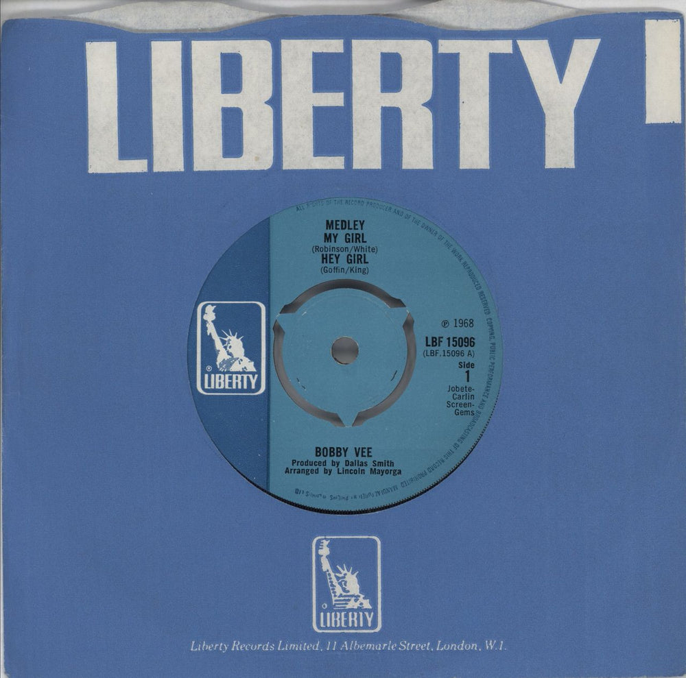 Bobby Vee Medley:- My Girl / Hey Girl UK 7" vinyl single (7 inch record / 45) LBF15096