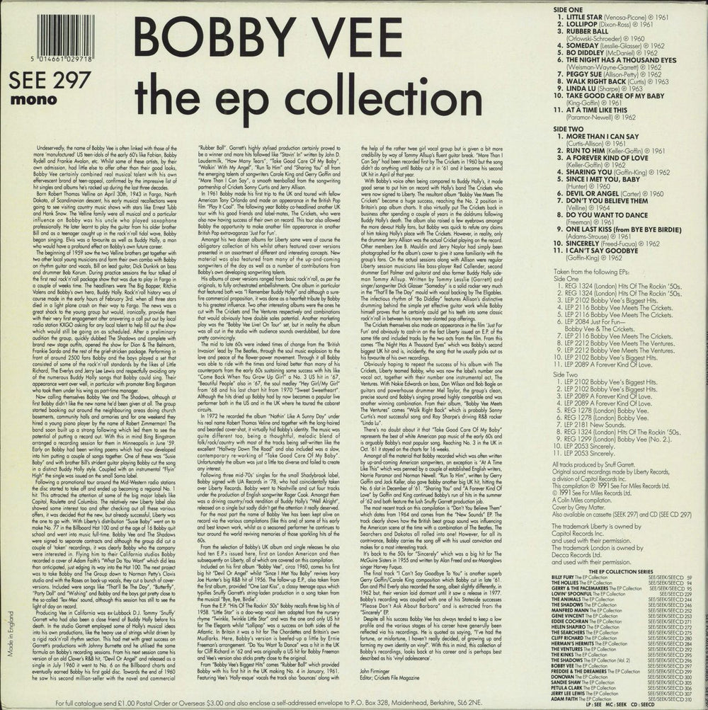 Bobby Vee The EP Collection UK vinyl LP album (LP record) 5014661029718