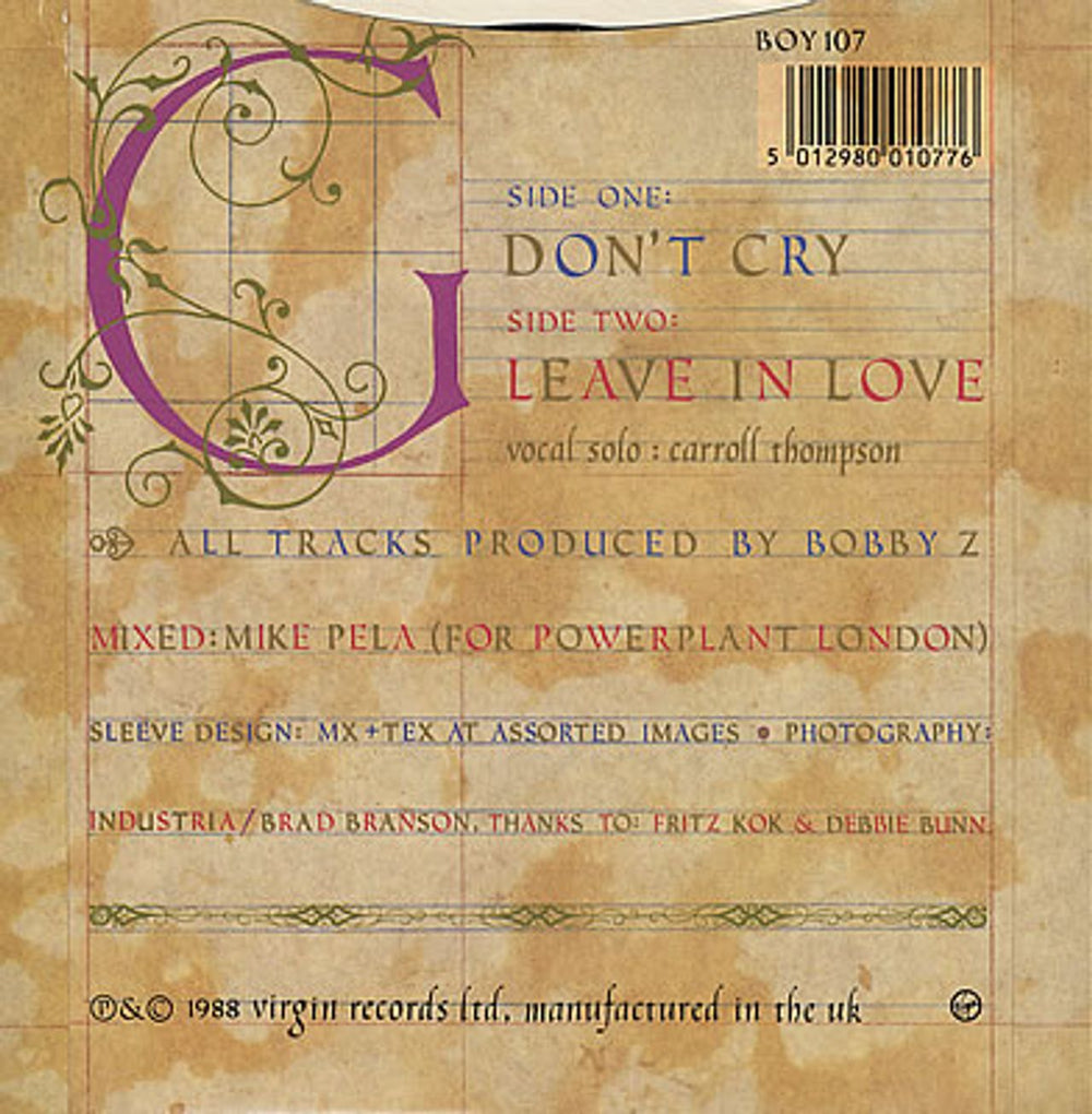 Boy George Don't Cry UK 7" vinyl single (7 inch record / 45) BOY07DO59721