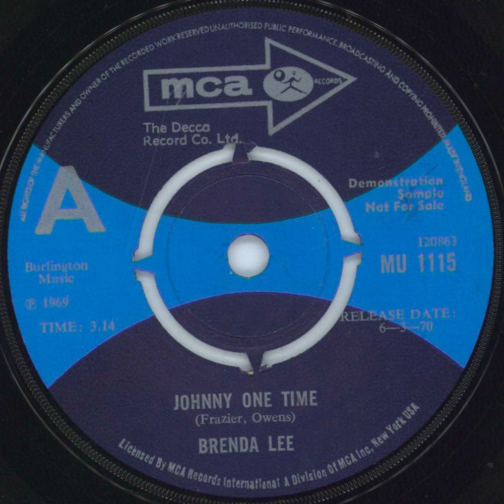 Brenda Lee Johnny One Time UK Promo 7" vinyl single (7 inch record / 45) MU1115