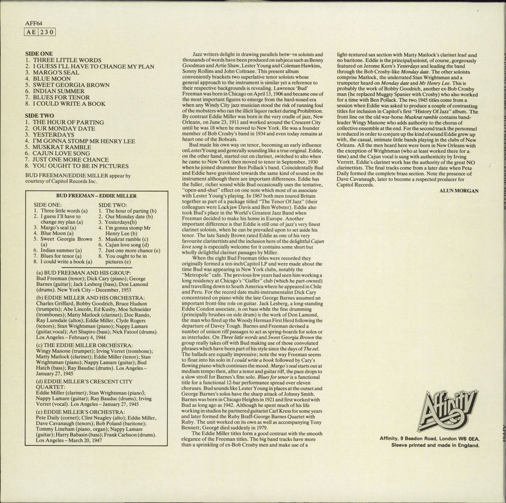 Bud Freeman Swinging Tenors UK vinyl LP album (LP record)