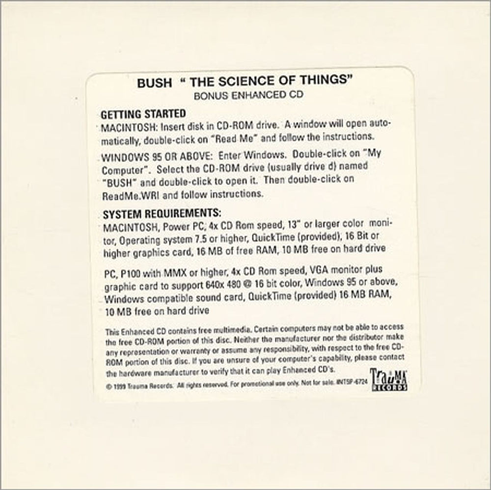 Bush The Science Of Things US Promo CD-ROM INT5P-6724