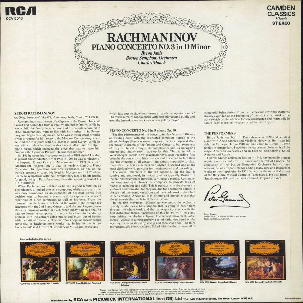 Byron Janis Rachmaninoff: Piano Concerto No. 3 UK vinyl LP album (LP record)